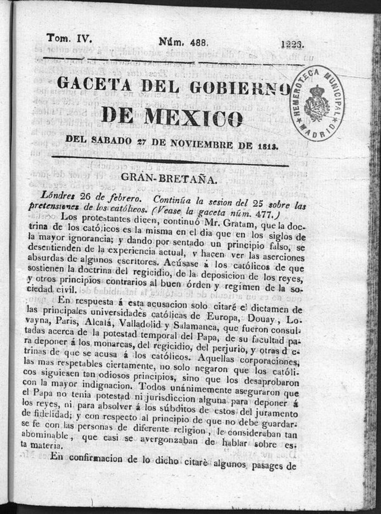 Miniatura de Gaceta del Gobierno de México del sábado 27 de noviembre de 1813