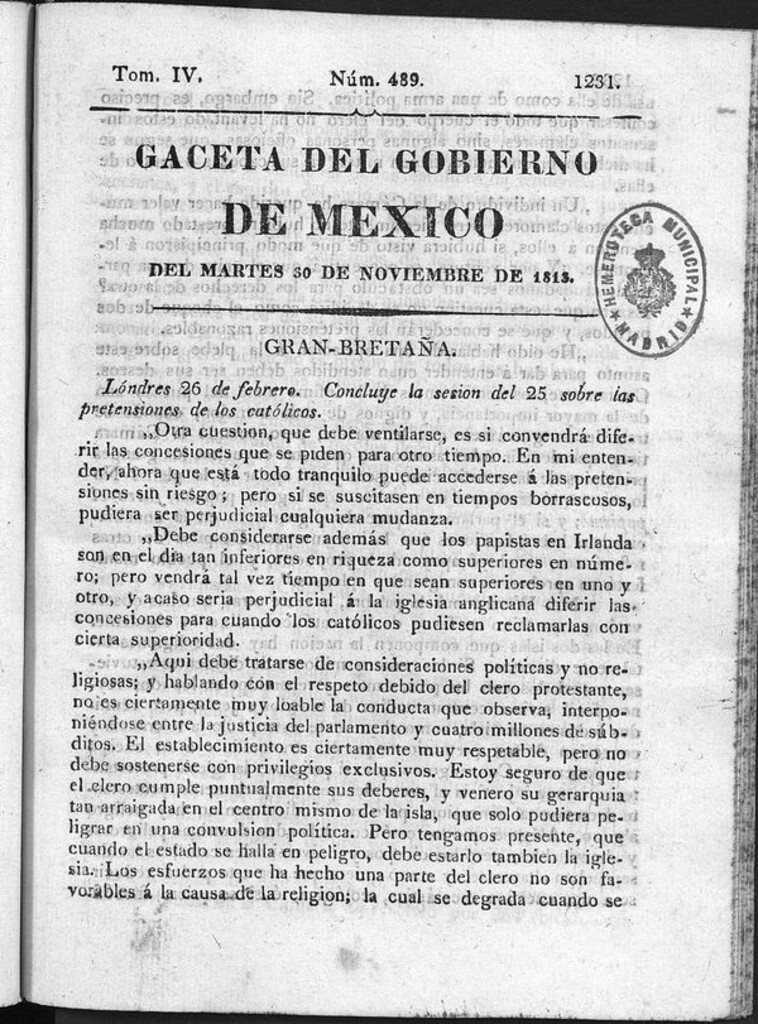 Miniatura de Gaceta del Gobierno de México del martes 30 de noviembre de 1813