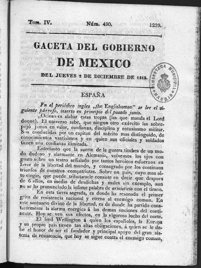 Miniatura de Gaceta del Gobierno de México del jueves 2 de diciembre de 1813