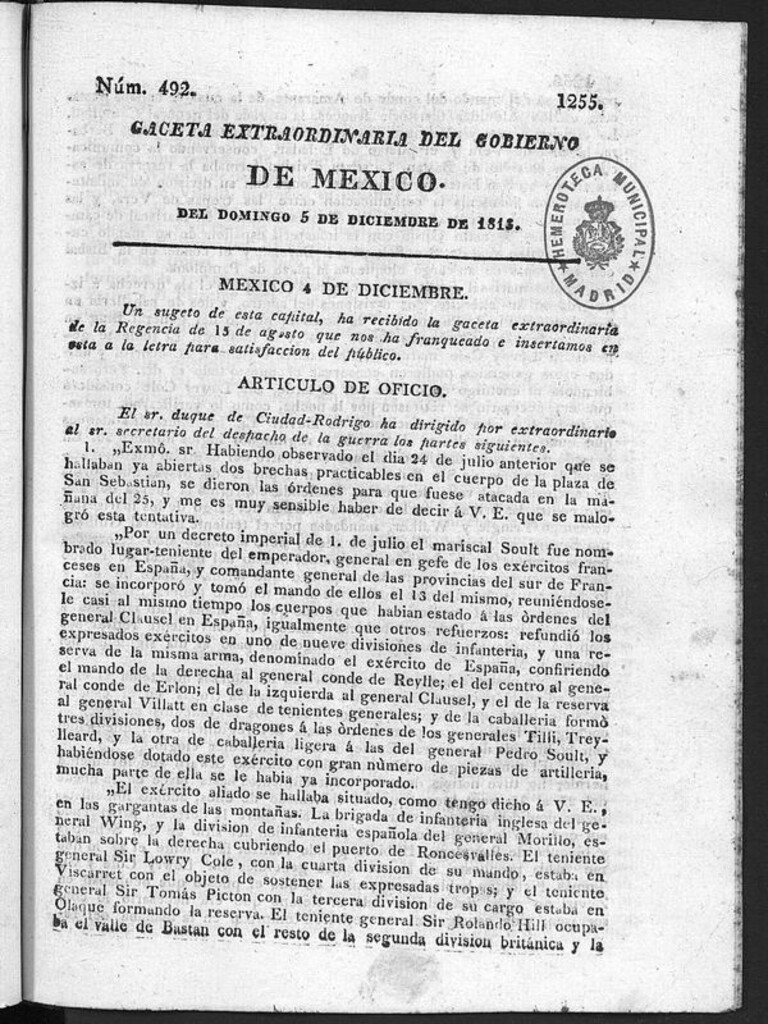 Miniatura de Gaceta Extraordinaria del Gobierno de México del domingo 5 de diciembre de 1813