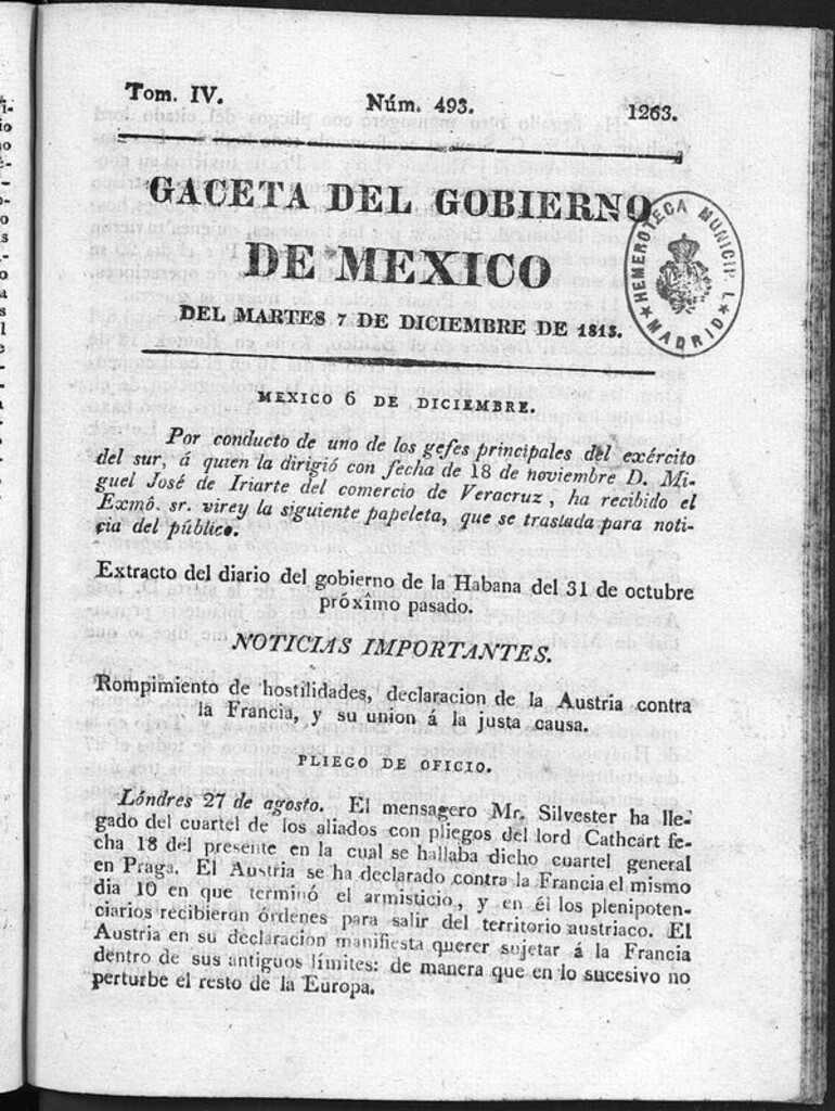 Miniatura de Gaceta del Gobierno de México del martes 7 de diciembre de 1813