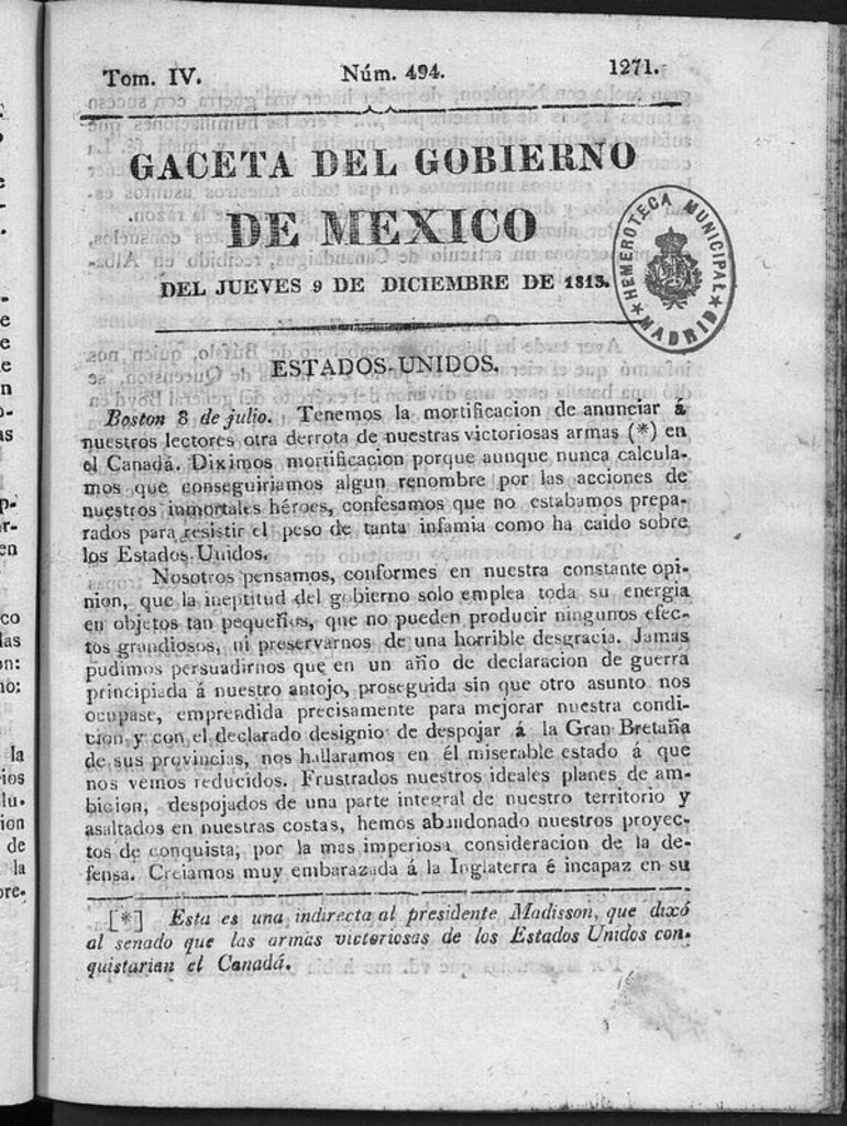 Miniatura de Gaceta del Gobierno de México del jueves 9 de diciembre de 1813