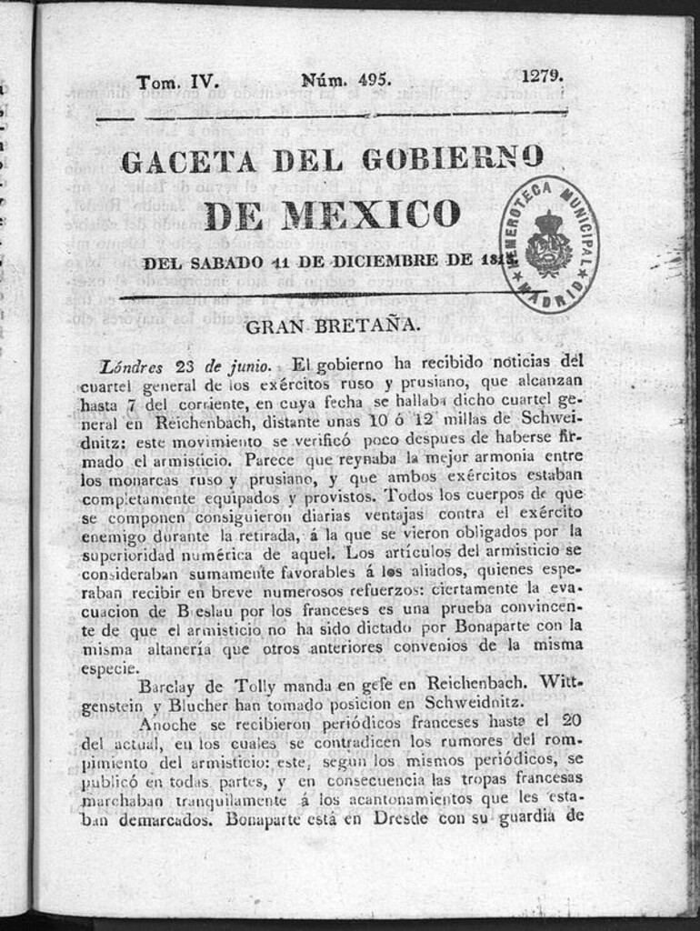 Miniatura de Gaceta del Gobierno de México del sábado 11 de diciembre de 1813