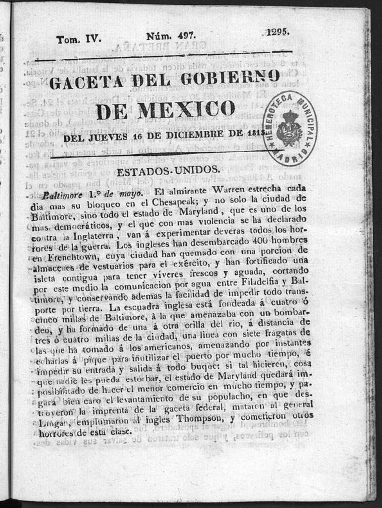 Miniatura de Gaceta del Gobierno de México del jueves 16 de diciembre de 1813