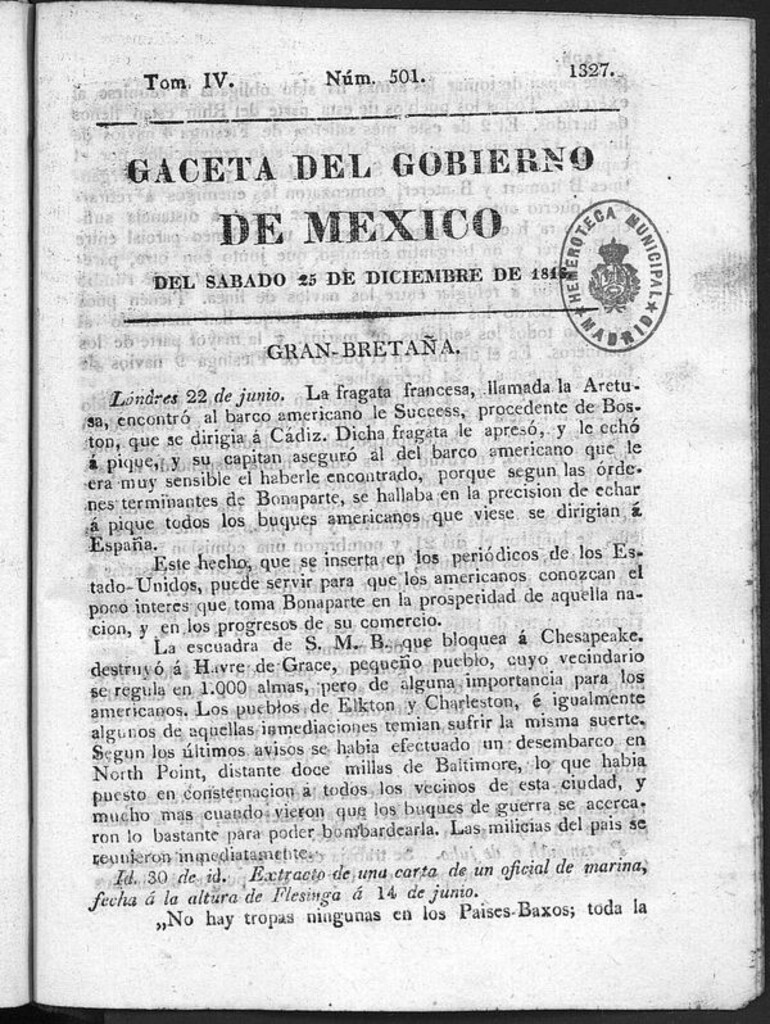 Miniatura de Gaceta del Gobierno de México del sábado 25 de diciembre de 1813
