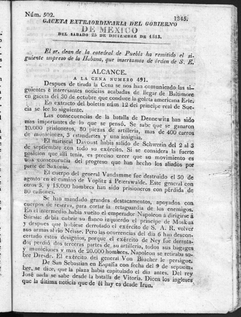 Miniatura de Gaceta Extraordinaria del Gobierno de México del sábado 25 de diciembre de 1813