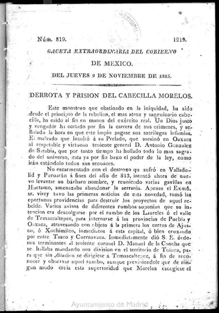 Miniatura de Gaceta del Gobierno de México del jueves 9 de noviembre de 1815