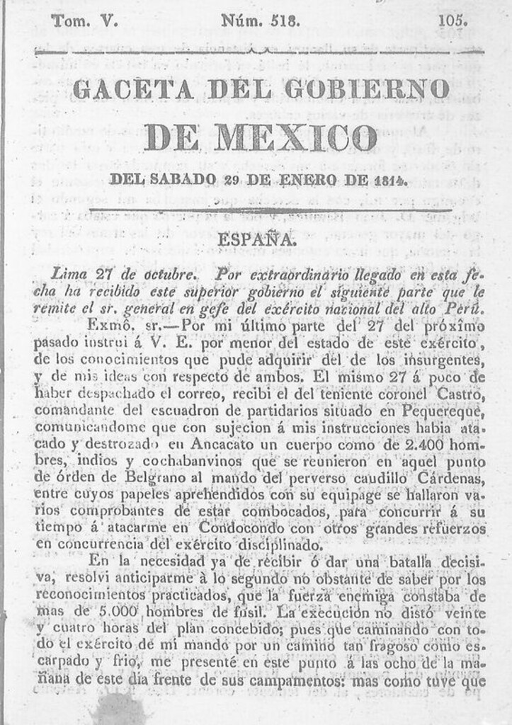 Miniatura de Gaceta del Gobierno de México del sábado 29 de enero de 1814