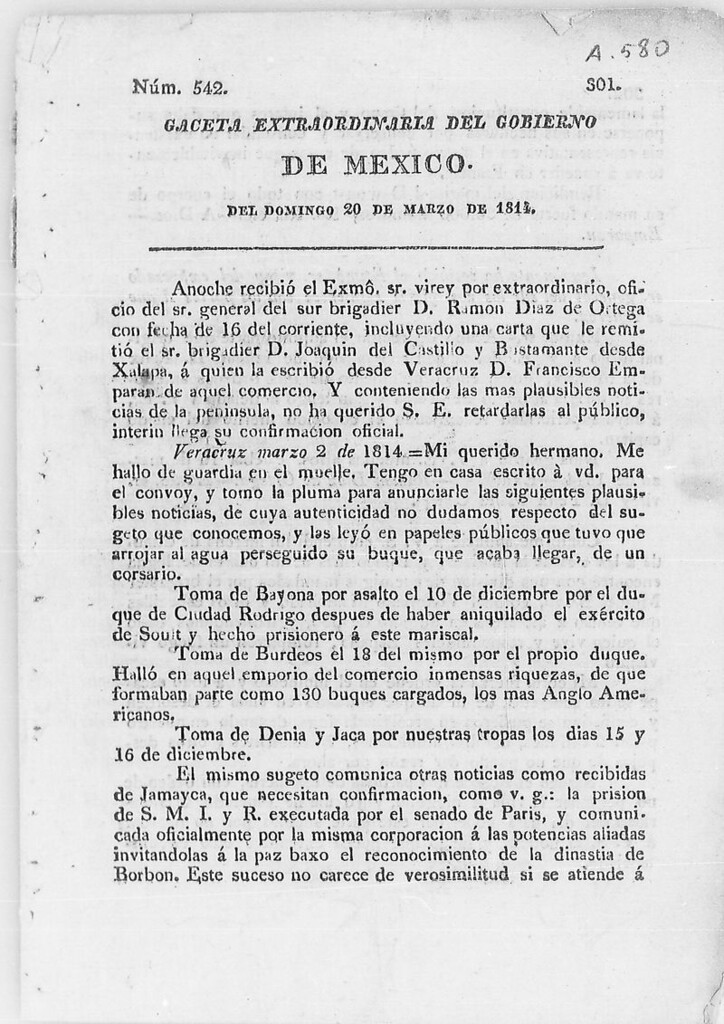 Miniatura de Gaceta Extraordinaria del Gobierno de México del domingo 20 de marzo de 1814