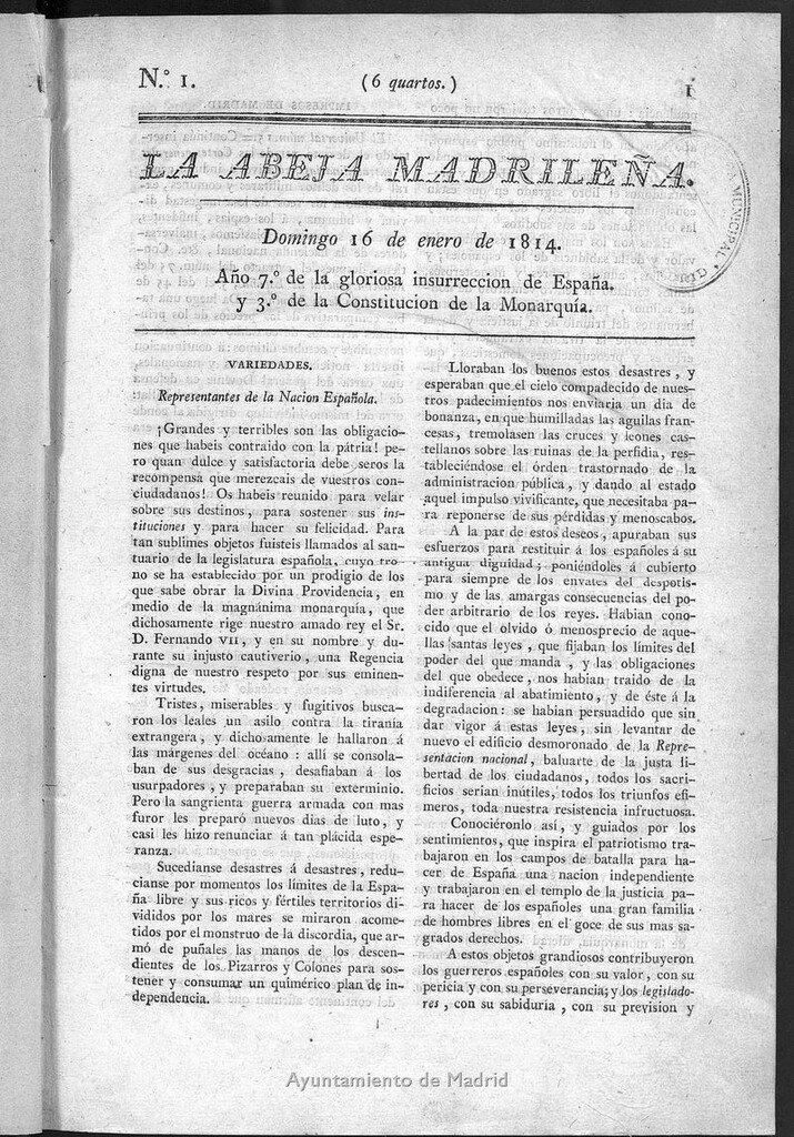 Miniatura de La Abeja Madrileña del domingo 16 de enero de 1814