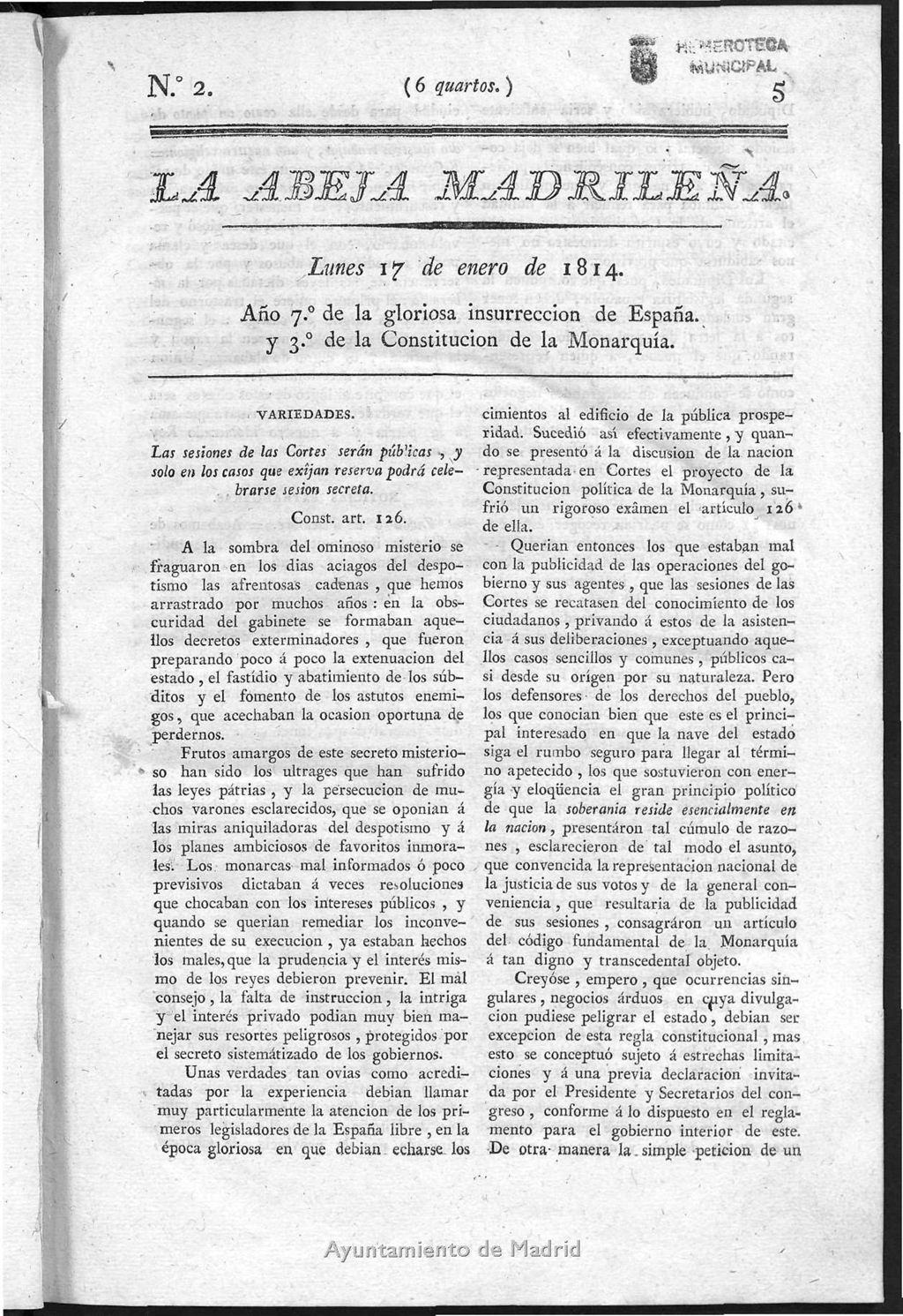 Miniatura de La Abeja Madrileña del lunes 17 de enero de 1814