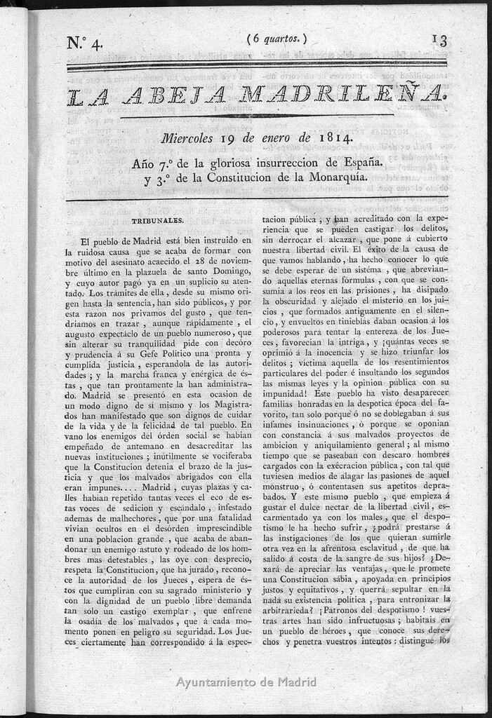 Miniatura de La Abeja Madrileña del miércoles 19 de enero de 1814