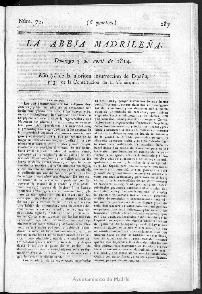 Miniatura de La Abeja Madrileña del domingo 3 de abril de 1814