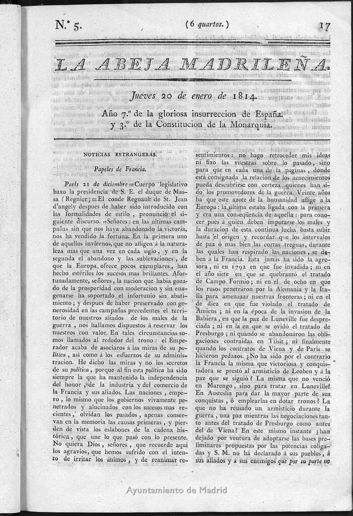 Miniatura de La Abeja Madrileña del jueves 20 de enero de 1814