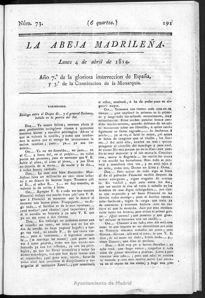 Miniatura de La Abeja Madrileña del lunes 4 de abril de 1814
