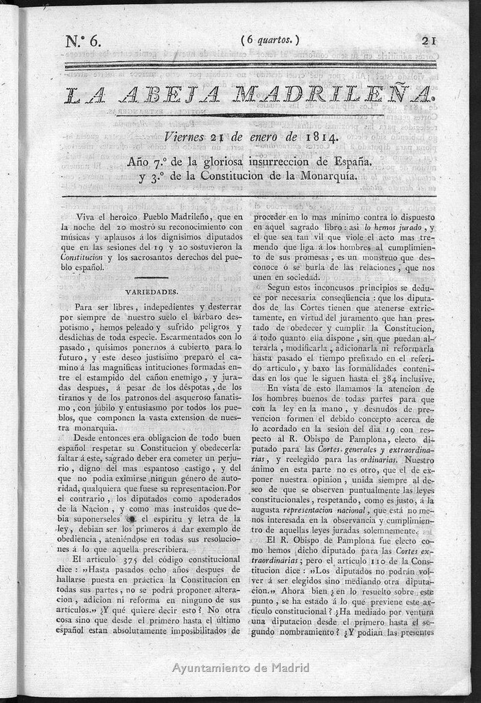 Miniatura de La Abeja Madrileña del viernes 21 de enero de 1814