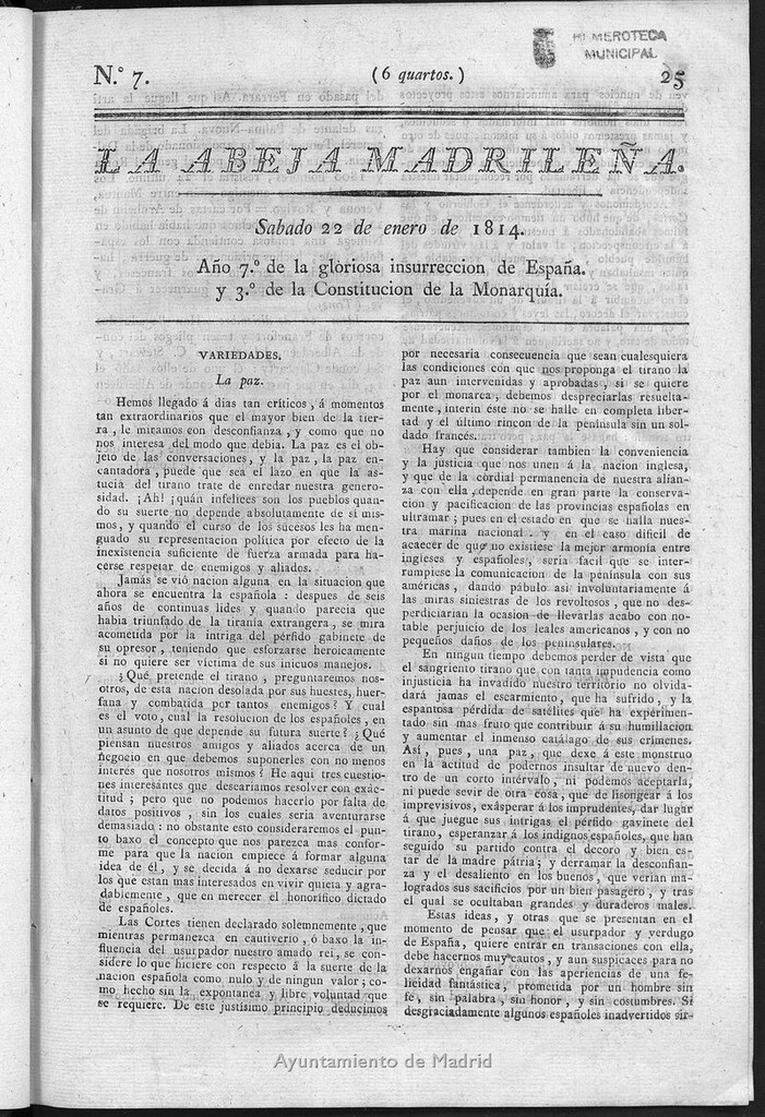 Miniatura de La Abeja Madrileña del sábado 22 de enero de 1814
