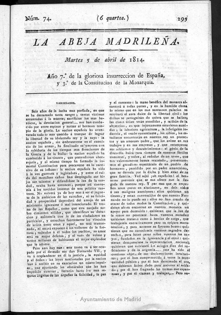 Miniatura de La Abeja Madrileña del martes 5 de abril de 1814