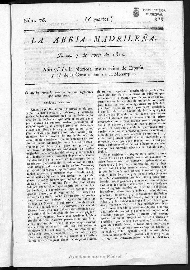 Miniatura de La Abeja Madrileña del jueves 7 de abril de 1814