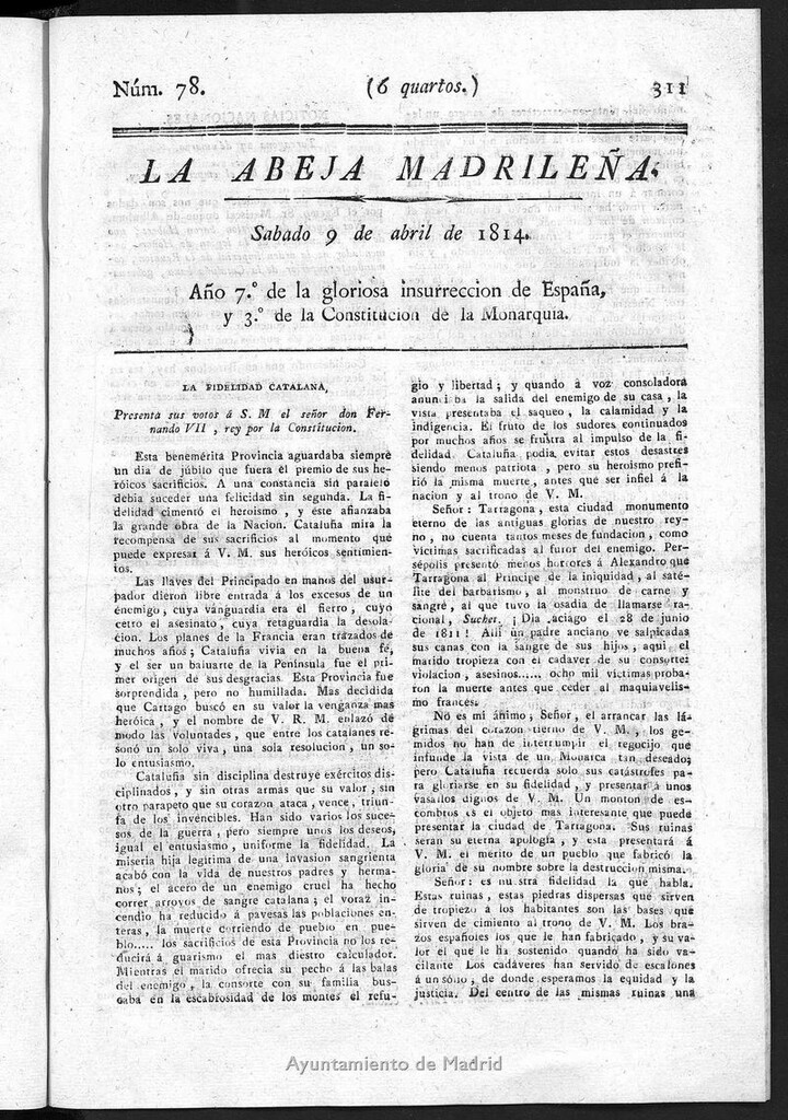 Miniatura de La Abeja Madrileña del sabado 9 de abril de 1814