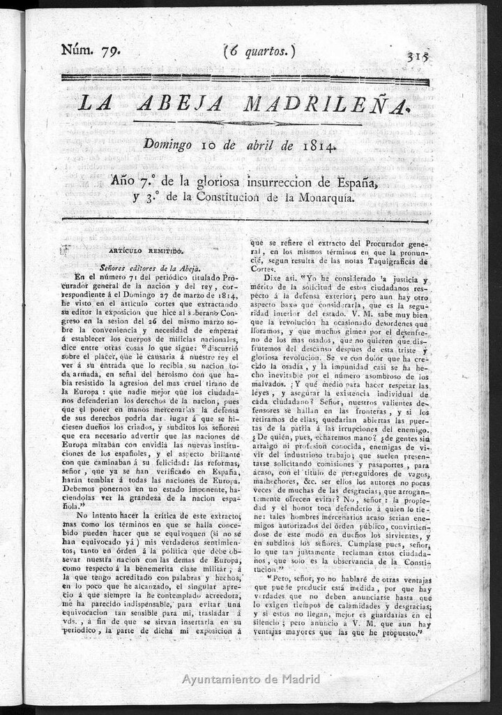 Miniatura de La Abeja Madrileña del domingo 10 de abril de 1814