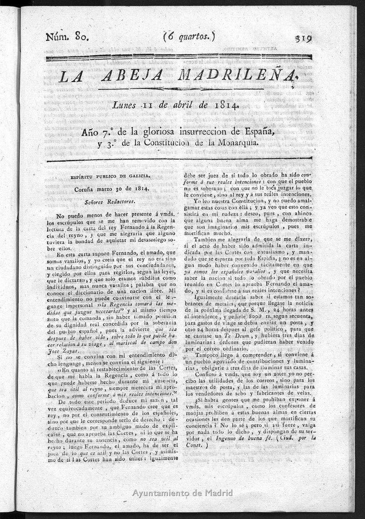 Miniatura de La Abeja Madrileña del lunes 11 de abril de 1814