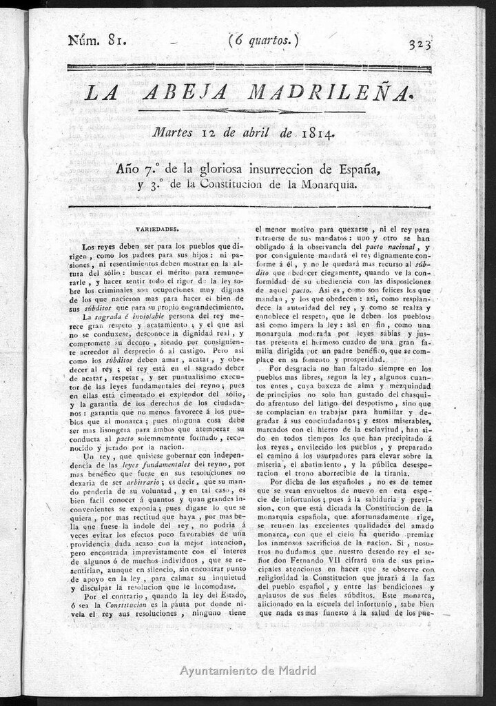 Miniatura de La Abeja Madrileña del martes 12 de abril de 1814