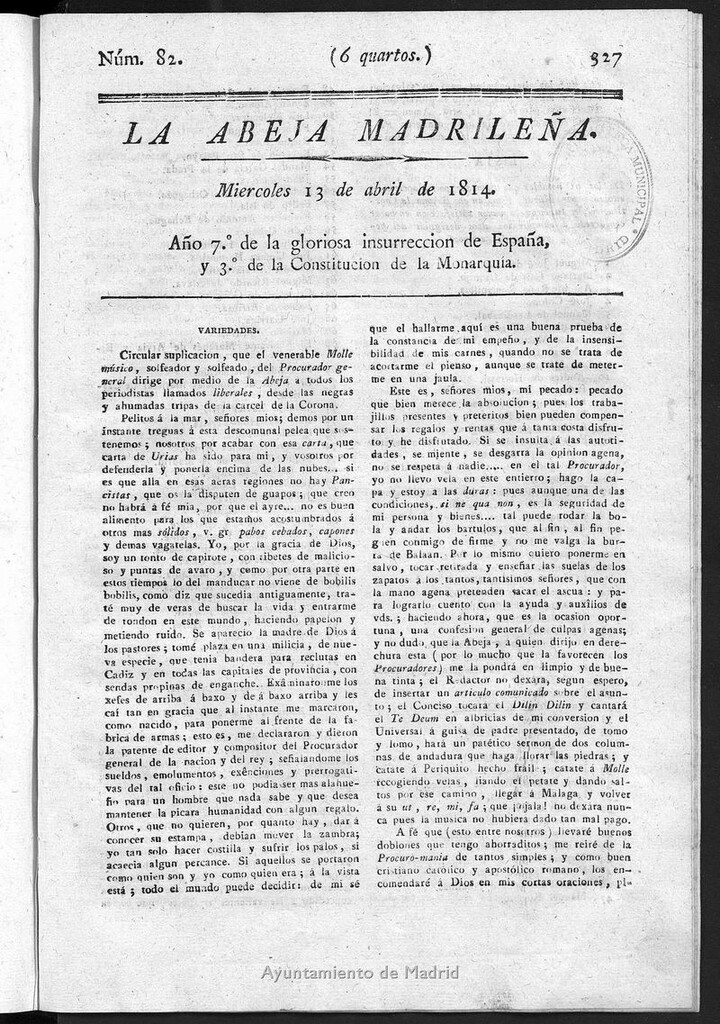Miniatura de La Abeja Madrileña del miércoles 13 de abril de 1814