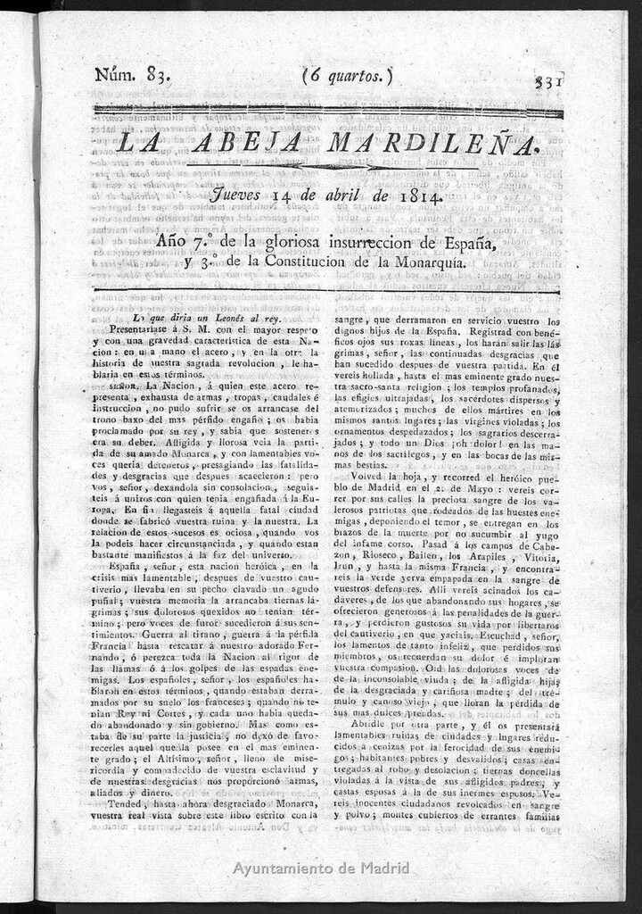 Miniatura de La Abeja Madrileña del jueves 14 de abril de 1814