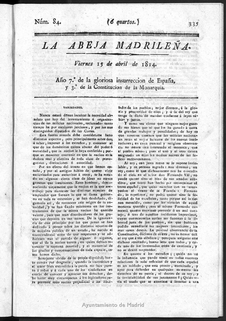 Miniatura de La Abeja Madrileña del viernes 15 de abril de 1814