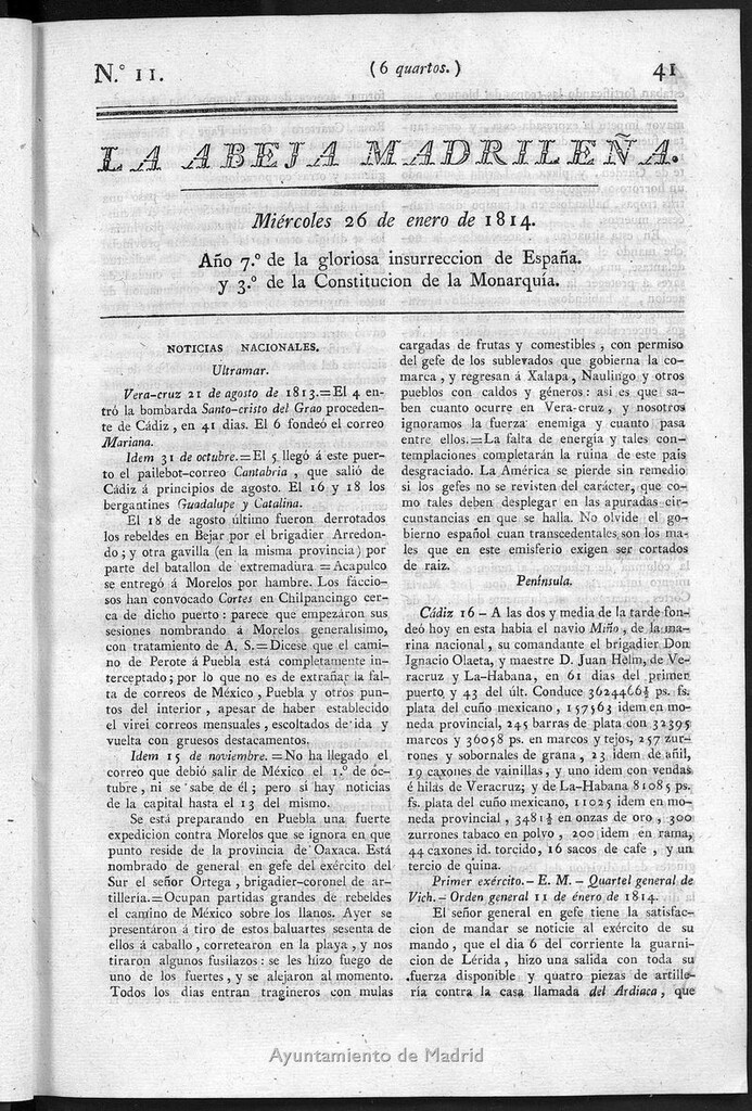 Miniatura de La Abeja Madrileña del miércoles 26 de enero de 1814