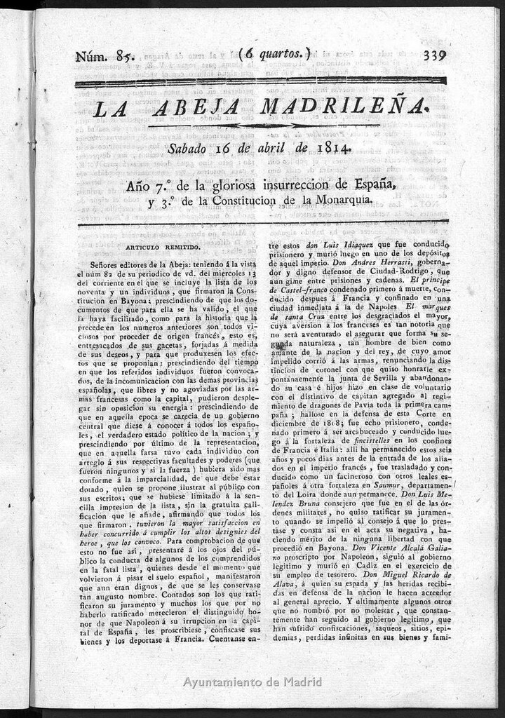 Miniatura de La Abeja Madrileña del sábado 16 de abril de 1814