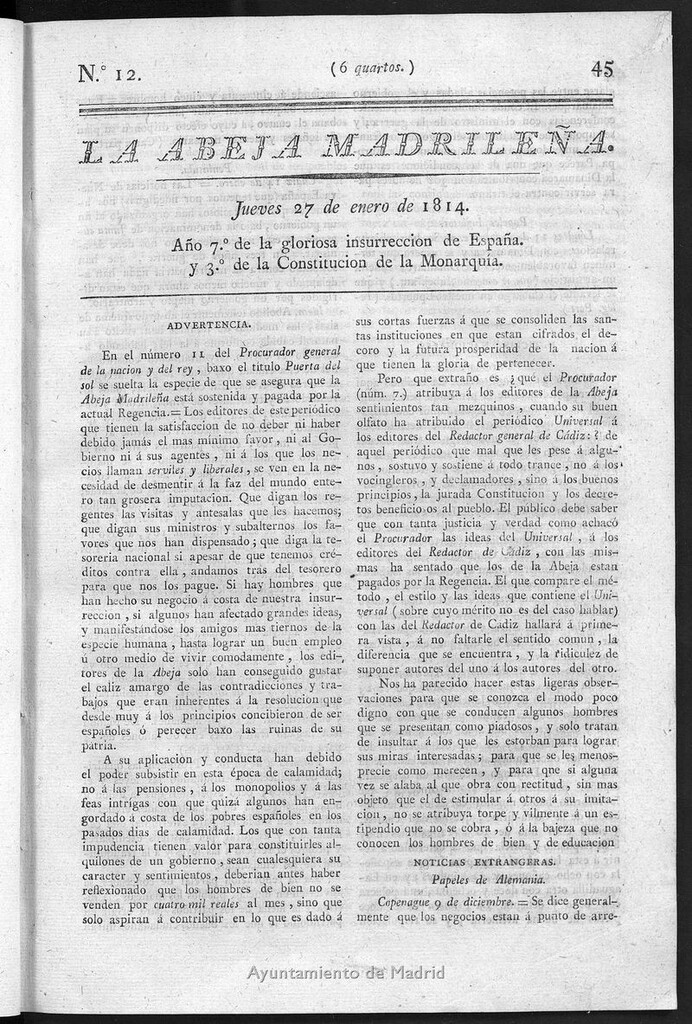 Miniatura de La Abeja Madrileña del jueves 27 de enero de 1814