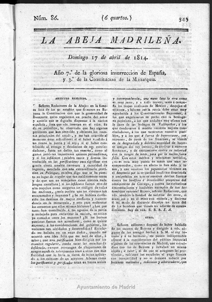 Miniatura de La Abeja Madrileña del domingo 17 de abril de 1814