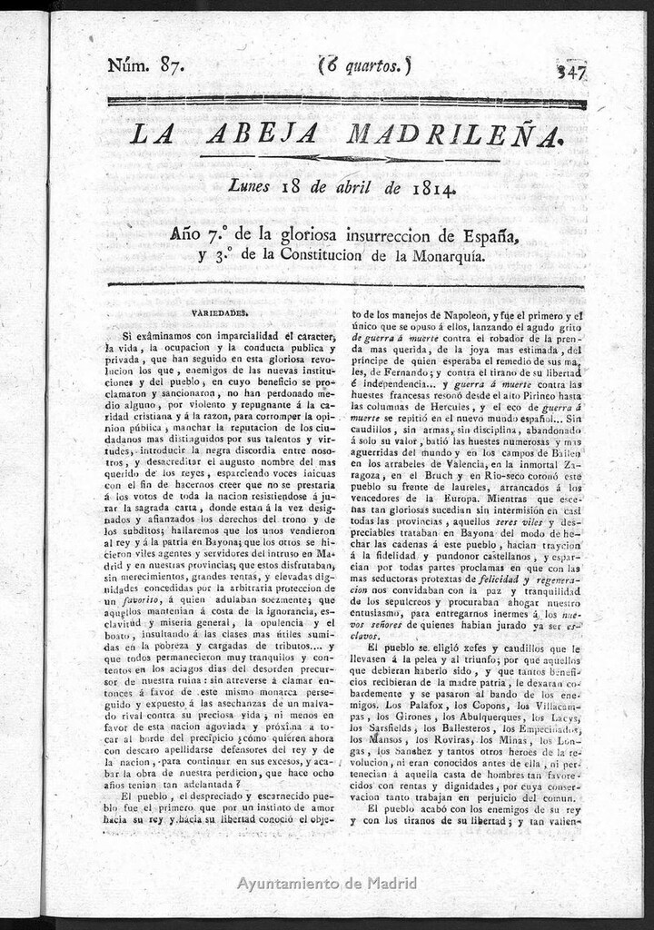 Miniatura de La Abeja Madrileña del lunes 18 de abril de 1814