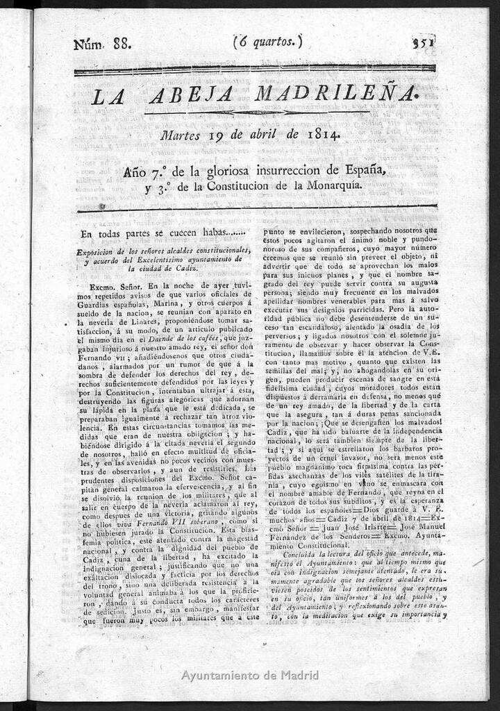 Miniatura de La Abeja Madrileña del martes 19 de abril de 1814