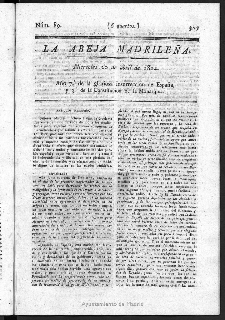 Miniatura de La Abeja Madrileña del miércoles 20 de abril de 1814