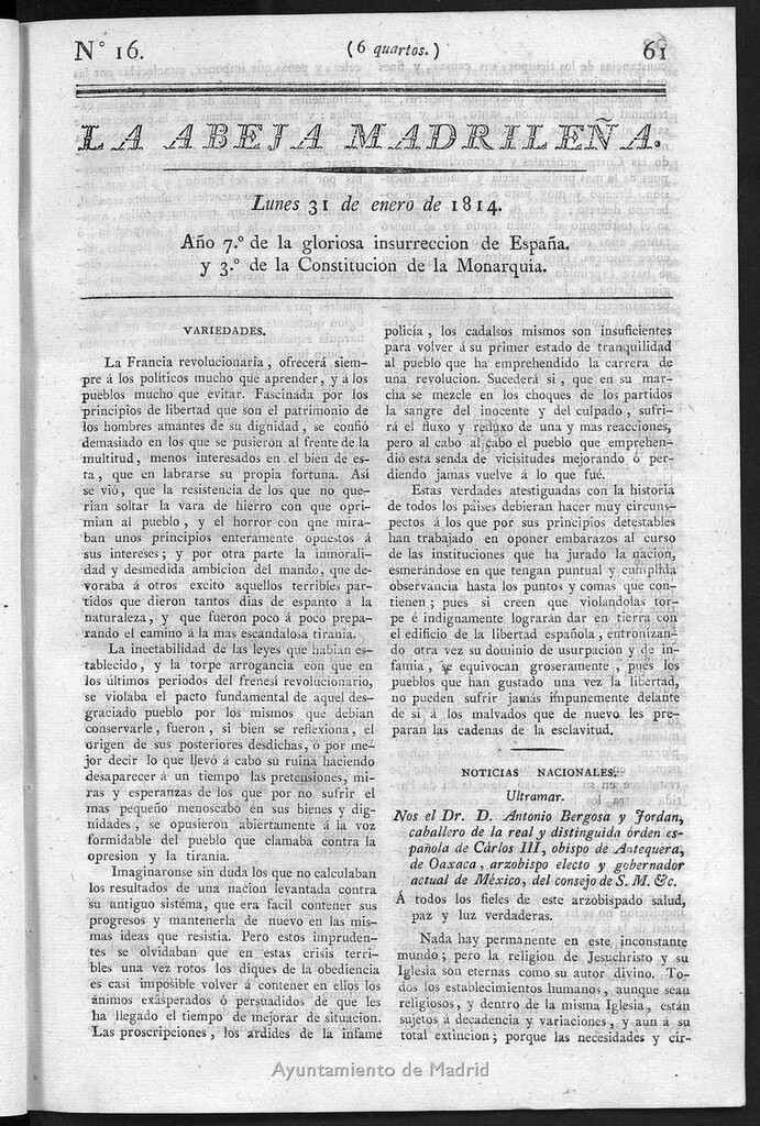 Miniatura de La Abeja Madrileña del lunes 31 de enero de 1814