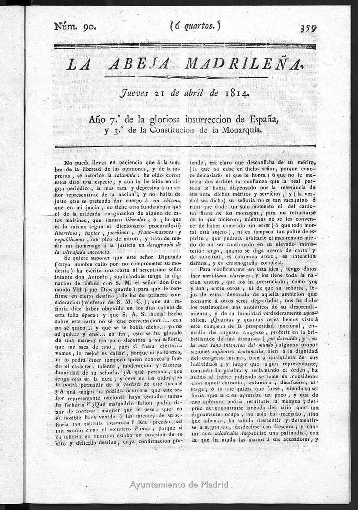 Miniatura de La Abeja Madrileña del jueves 21 de abril de 1814