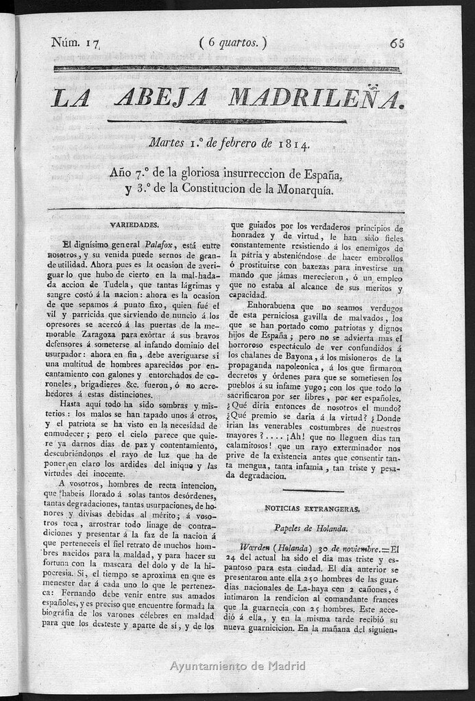 Miniatura de La Abeja Madrileña del martes 1 de febrero de 1814