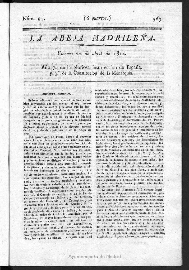 Miniatura de La Abeja Madrileña del viernes 22 de abril de 1814