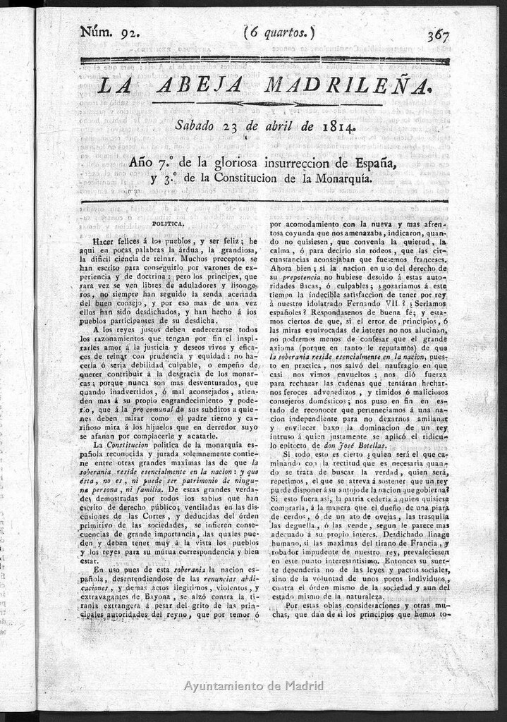 Miniatura de La Abeja Madrileña del sábado 23 de abril de 1814