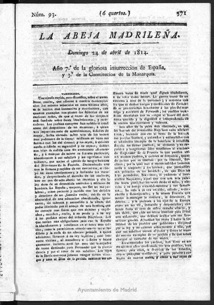 Miniatura de La Abeja Madrileña del domingo 24 de abril de 1814
