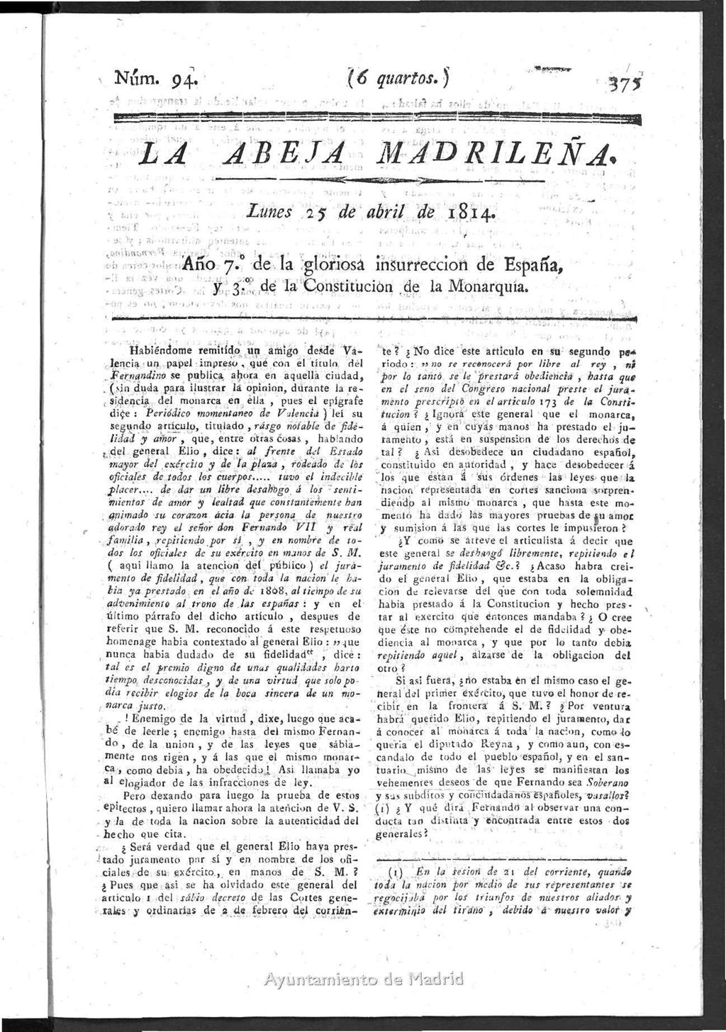 Miniatura de La Abeja Madrileña del lunes 25 de abril de 1814