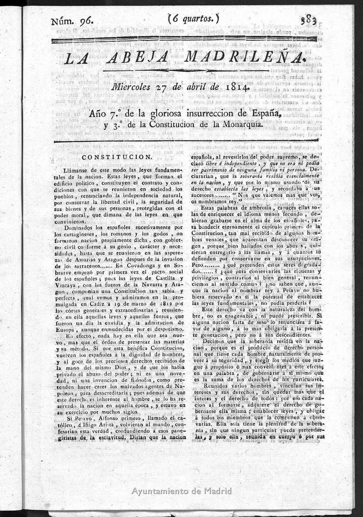 Miniatura de La Abeja Madrileña del miércoles 27 de abril de 1814
