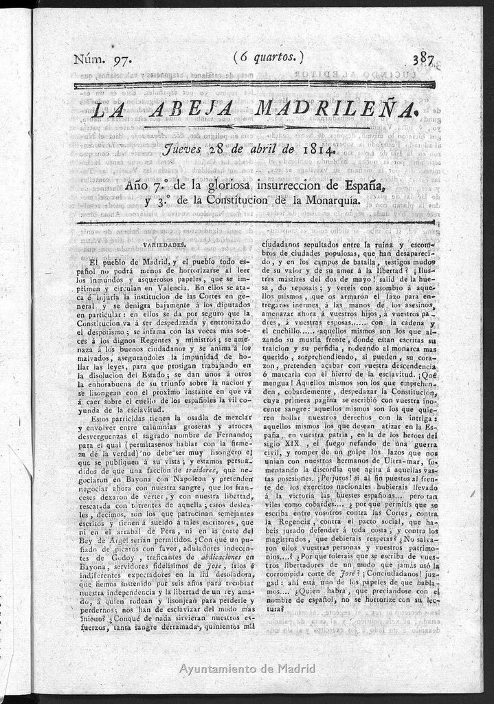 Miniatura de La Abeja Madrileña del jueves 28 de abril de 1814