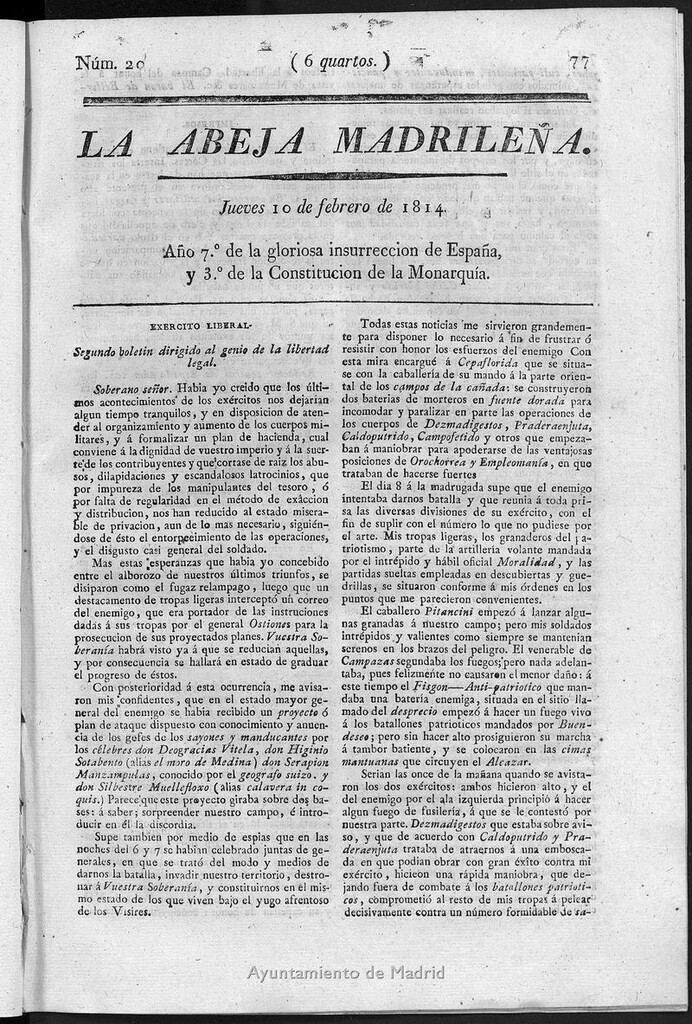 Miniatura de La Abeja Madrileña del jueves 10 de febrero de 1814