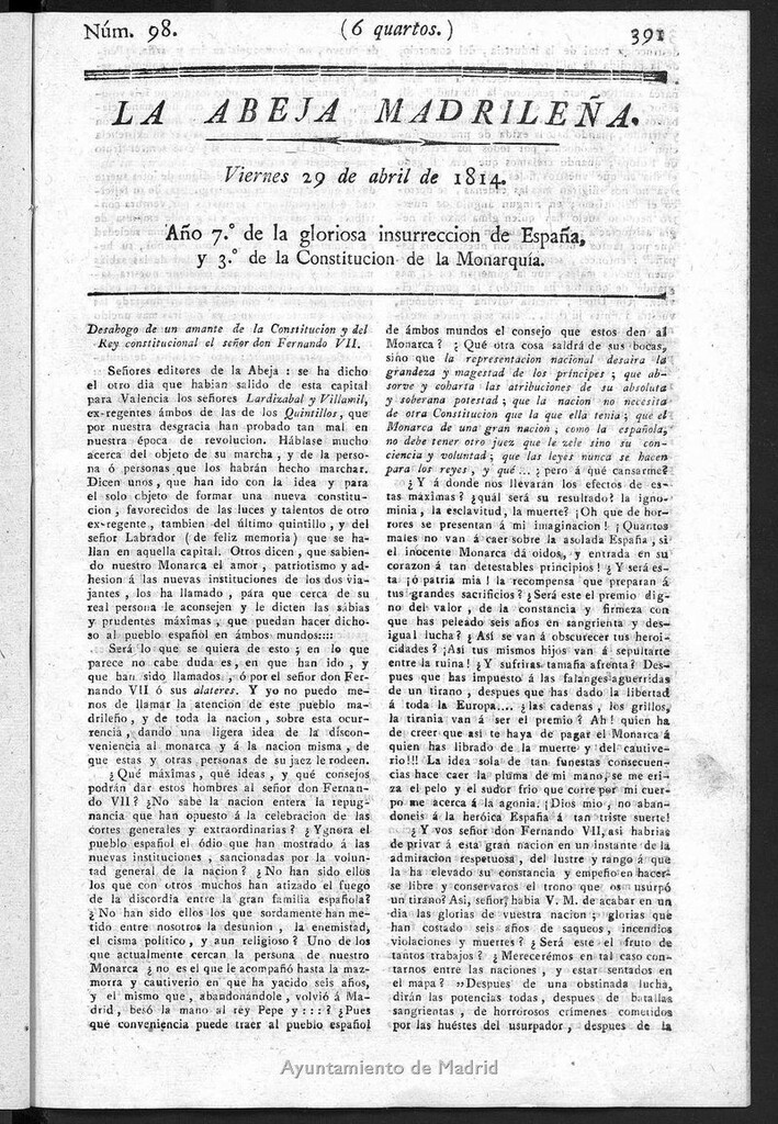 Miniatura de La Abeja Madrileña del viernes 29 de abril de 1814