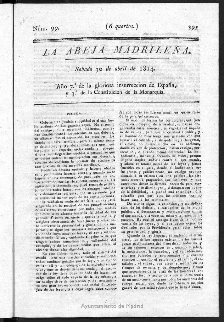 Miniatura de La Abeja Madrileña del sabado 30 de abril de 1814