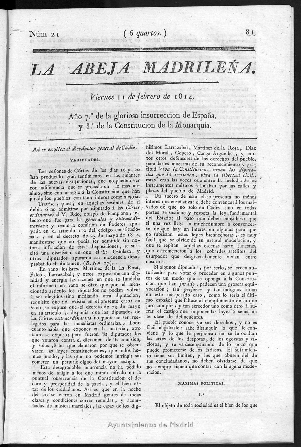 Miniatura de La Abeja Madrileña del viernes 11 de febrero de 1814